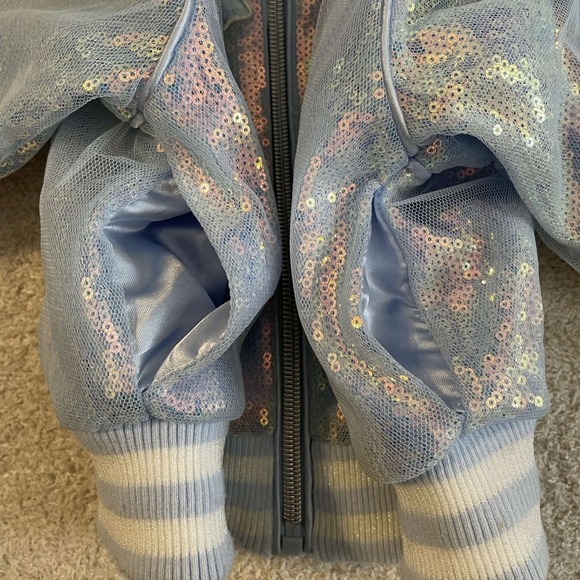 Disney Frozen Sequins Bomber Jacket Girls Size 2T Blue Anna Elsa Snowflake Zip - Picture 6 of 10